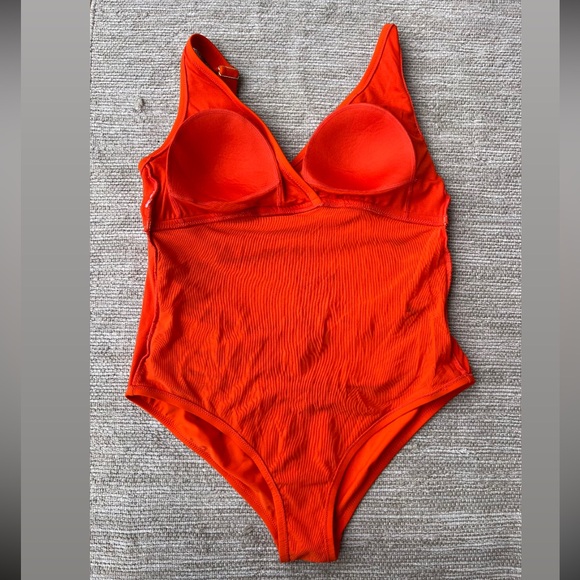 Orange One-piece swimming suit rushed sides with bow. - Picture 3 of 10